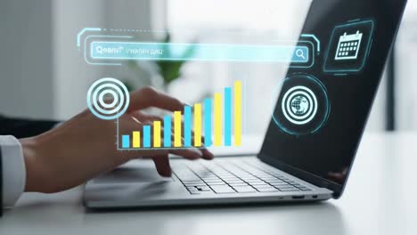 business person researching online with a futuristic search bar and data chart