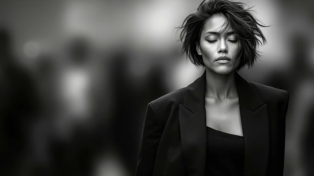 양복을 입은 여자의 흑백 사진