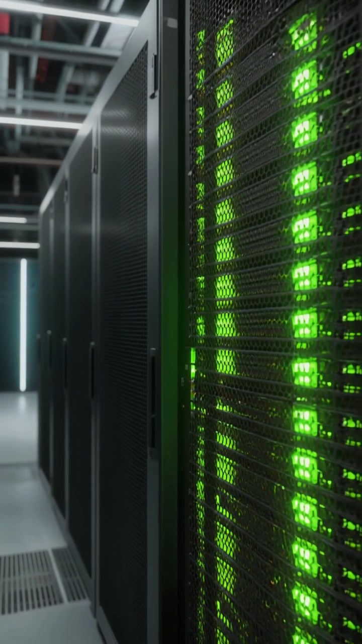 Low angle view of server rack row in data center with glowing green LED lights through black mesh doors