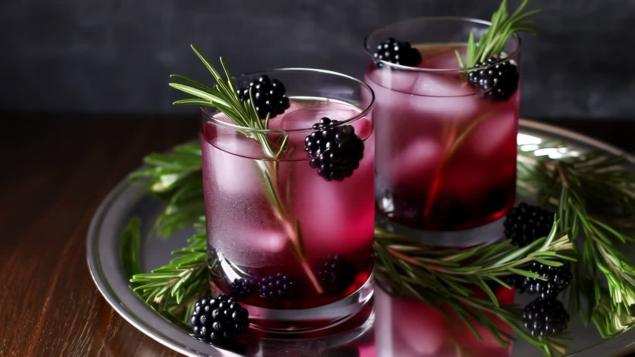 Two Blackberry and Rosemary Drinks on a Silver Tray