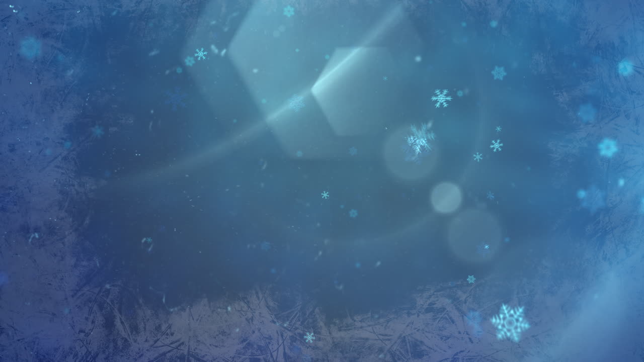 푸른 보케와 눈송이 떨어지는 새해 복 많이 받으세요 그리고 메리 크리스마스