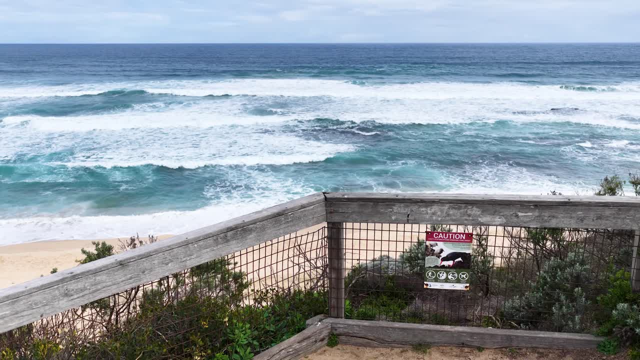 Steady camera captures rolling waves and sandy shoreline under cloudy daylight at Portsea beach