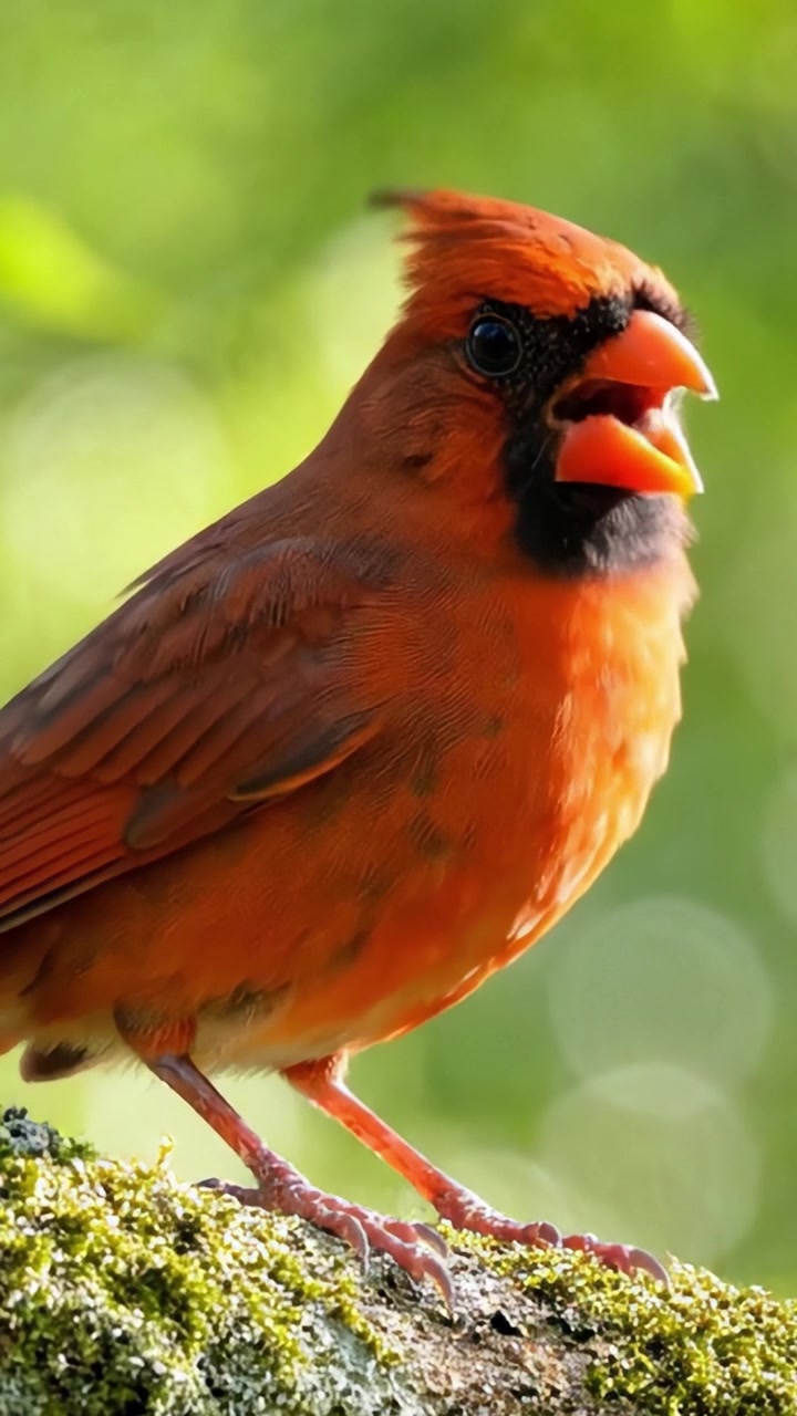 Splendido ritratto di un uccello cardinale appollaiato su un ramo muschioso, su uno sfondo verde vibrante, che mette in mostra il suo brillante piumaggio arancione e le sue caratteristiche uniche.