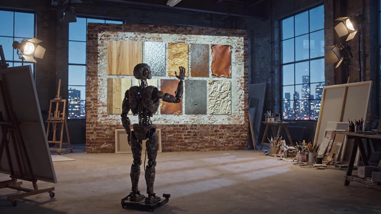 Un robot futuristico analizza le texture su una proiezione in uno studio d'arte con vista sulla città di notte, fondendo tecnologia e creatività in un ambiente unico.