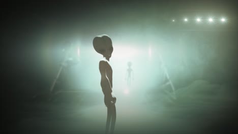 3d cgi vfx animation of a classic roswell grey alien turning to look back, in front of the glowing lights of a ufo fyling saucer, with grey and sepia color tint