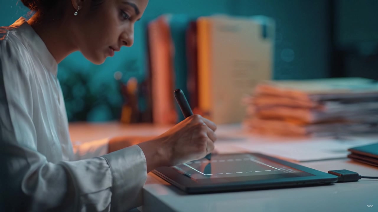 Focused Artist Engaged in Creative Work Using Digital Tablet in a Calm and Organized Workspace Surrounded by Files, Showcasing Modern Technology and Inspiration