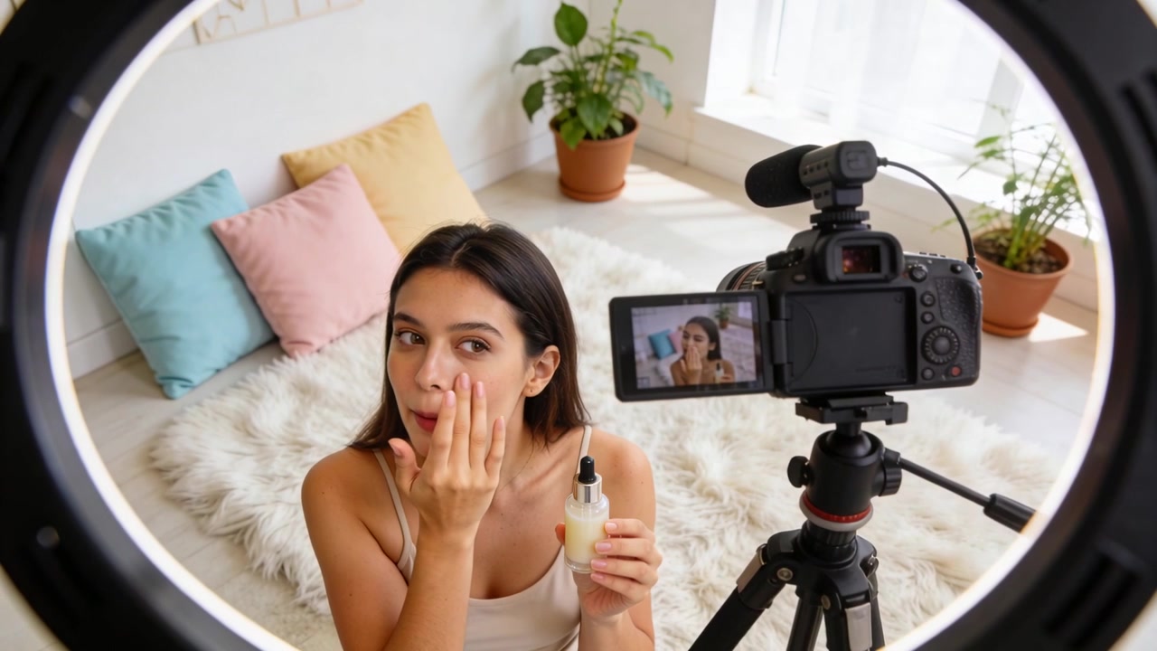 Kamera mulai merekam, kreator mengenakan tank top mengaplikasikan serum untuk ditunjukkan di atas karpet kamar tidur, dengan lampu cincin DSLR.