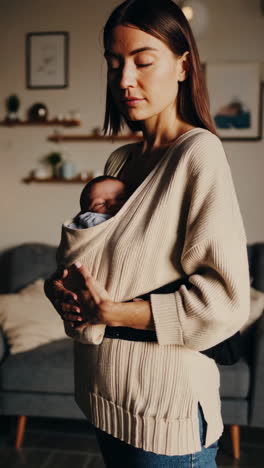mother holding sleeping baby in baby carrier