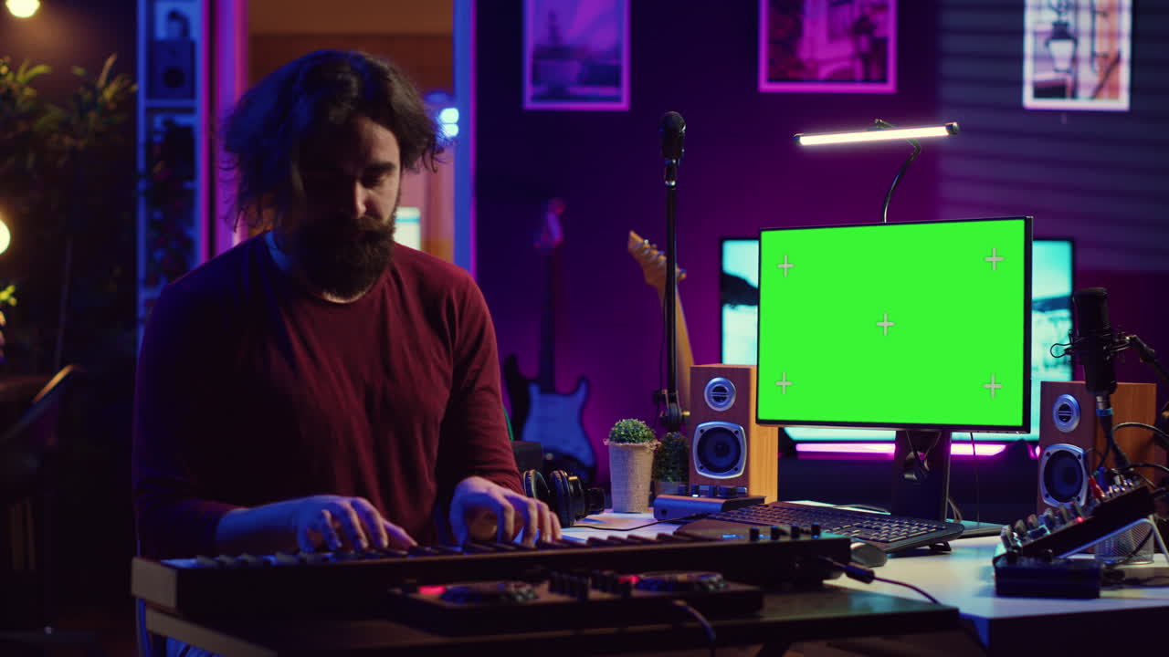 Artist learning to play at electronic piano keyboard in home studio