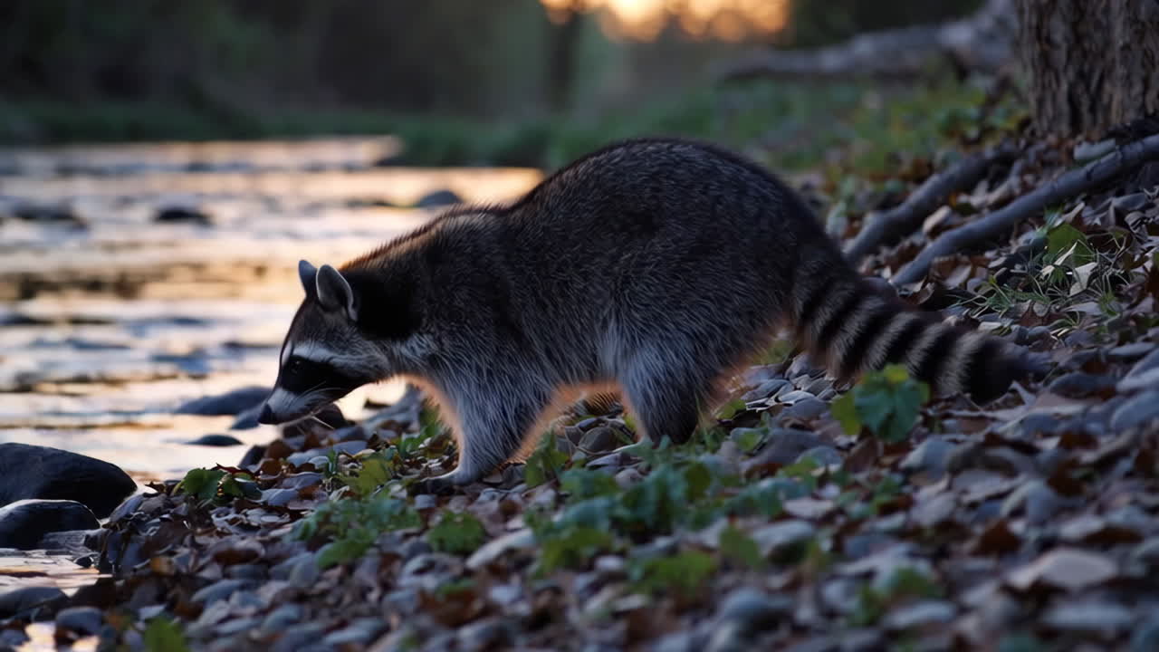 Raccoon by the River at Sunset