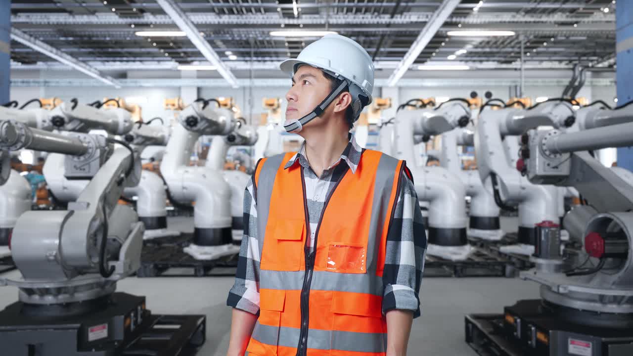 Engineer Observing Robots in a Factory