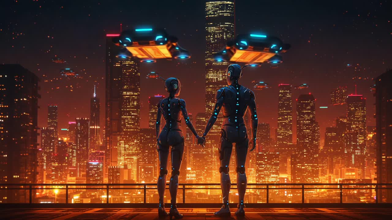 A Futuristic Cityscape Scene Featuring Two Intriguing Robots Holding Hands While Gazing at a Dazzling Neon Skyline Illuminated by Floating Vehicles
