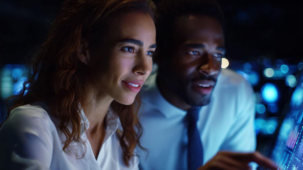 Engaged Interaction in a High-Tech Environment: Two Professionals Analyzing Data on a Digital Screen, Highlighting the Importance of Collaboration and Technology in Modern Workspaces