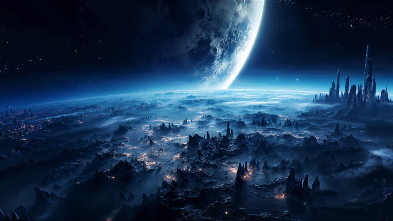 A breathtaking futuristic cityscape set against a beautifully colorful celestial sky