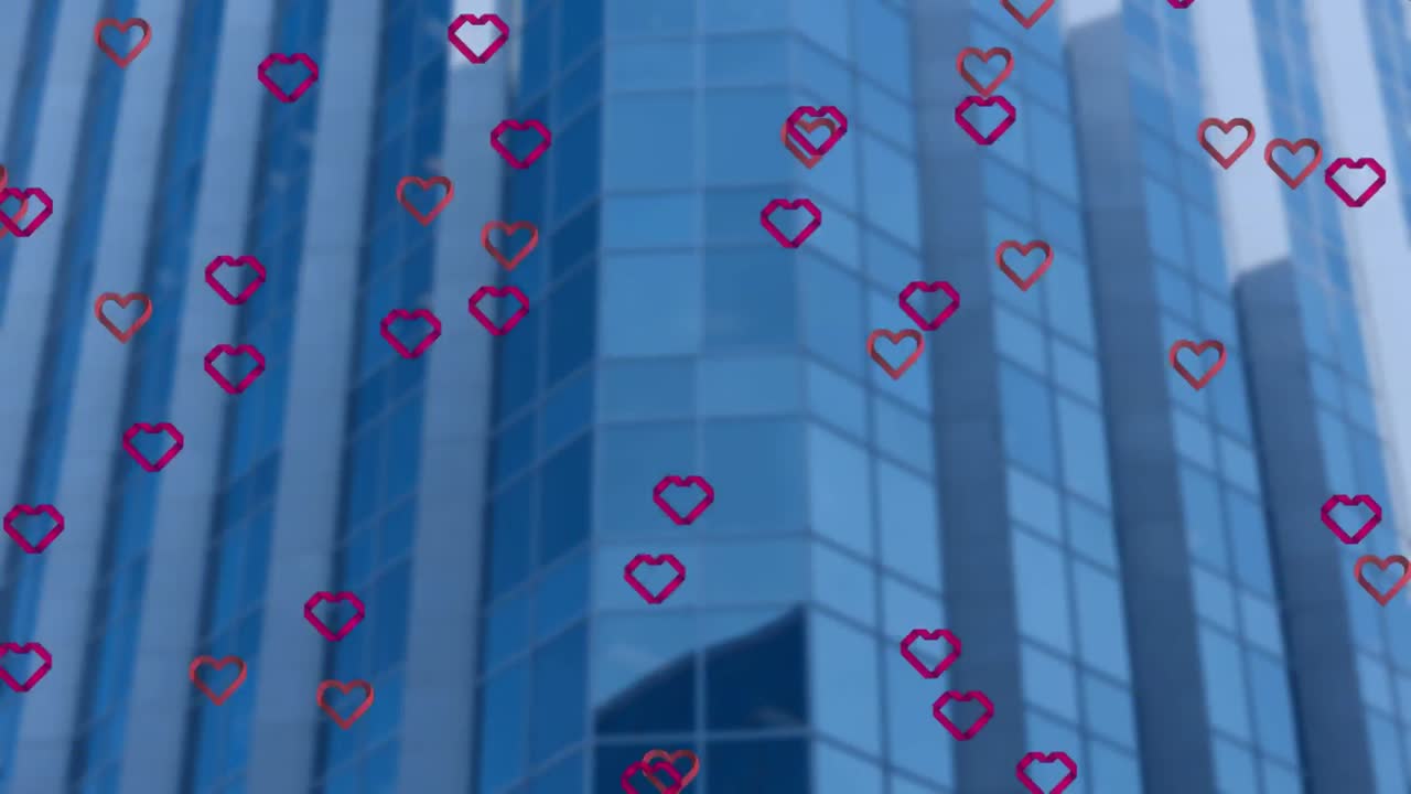 Animação de múltiplos ícones de coração vermelho flutuando sobre edifícios altos