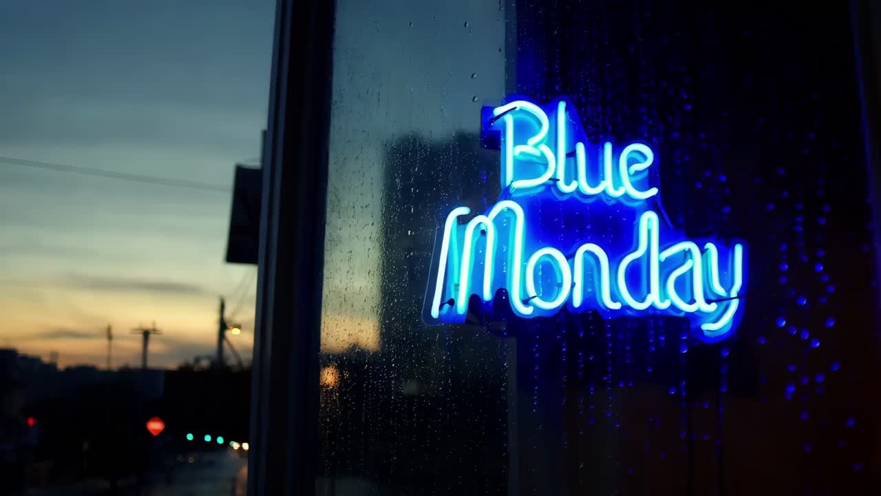 비가 오는 밤에 파란 월요일 네온 표지판