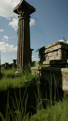 ancient ruins in a lush, green field