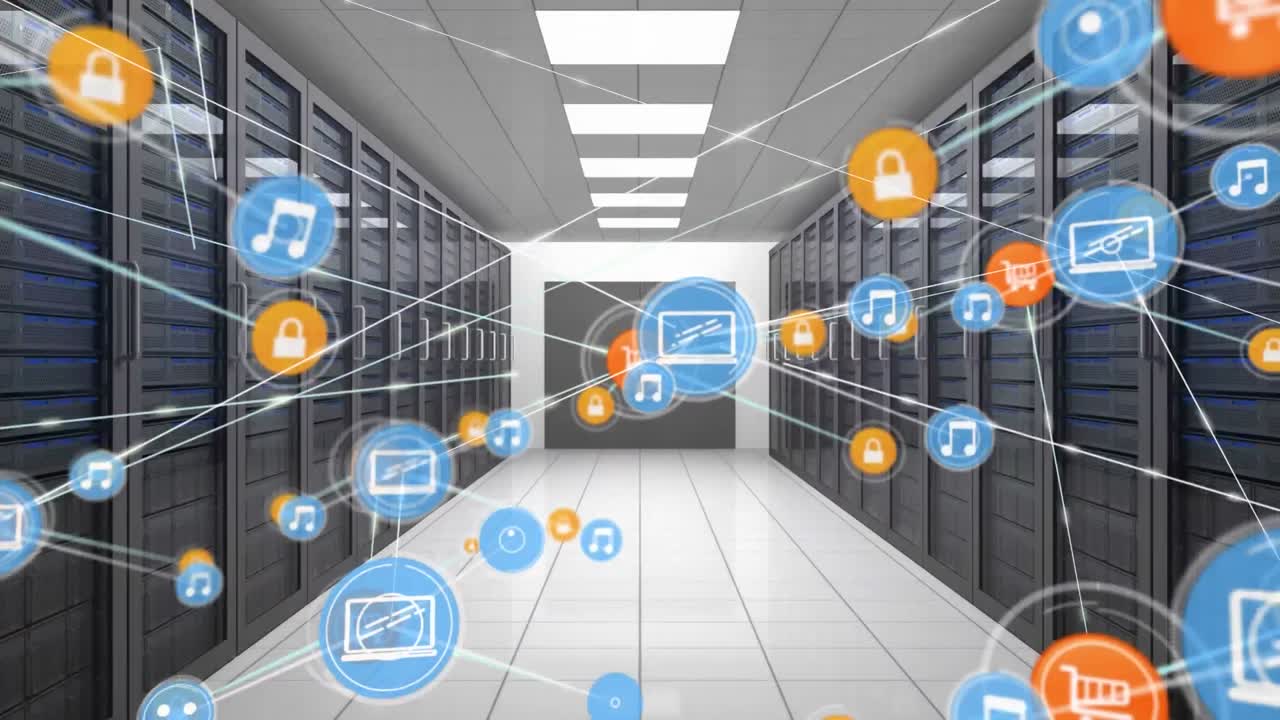 컴퓨터 서버를 통해 아이콘으로 연결 네트워크의 애니메이션