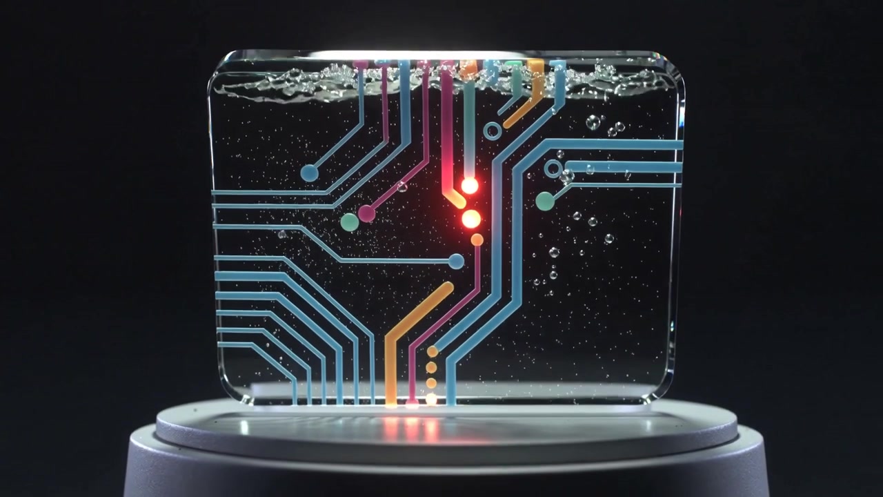 Motor rotating pedestal lifting clear block in studio showing circuit traces, pins, red LED