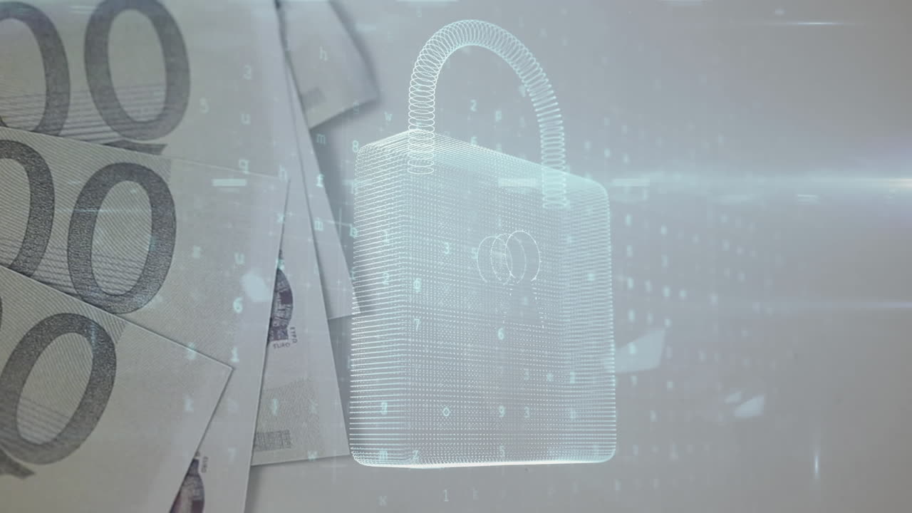 animación de la red de conexiones y el candado de seguridad sobre el apilamiento manual de billetes en euros