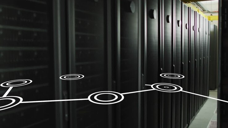 Animation of network connection diagram over server racks in data center