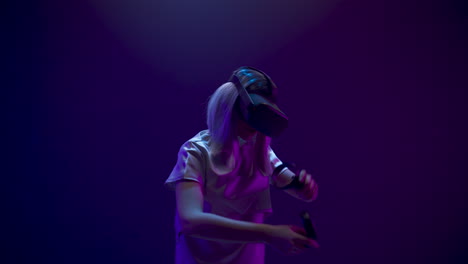 spellbound girl using vr glasses closeup. woman watching movie playing videogame