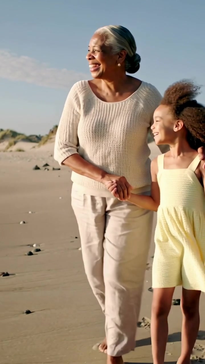 Vertikales Video: Oma und Mädchen im Pullover und Kleid gehen Händchen haltend am sonnigen Strand entlang, vorbei an Fußspuren.