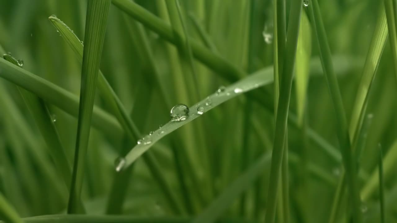 hierba verde en primer plano gotas de lluvia cayendo lentamente sobre la hierba.