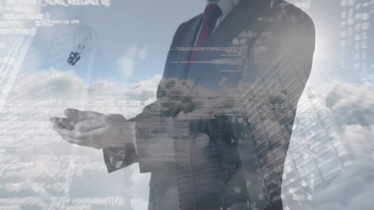 비즈니스맨이 도시 위에서 견과류와 볼트를 던지고 잡는 데이터 처리 애니메이션