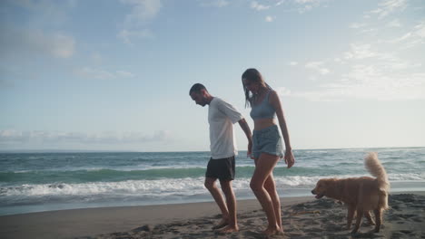 owners and dog on tropical island