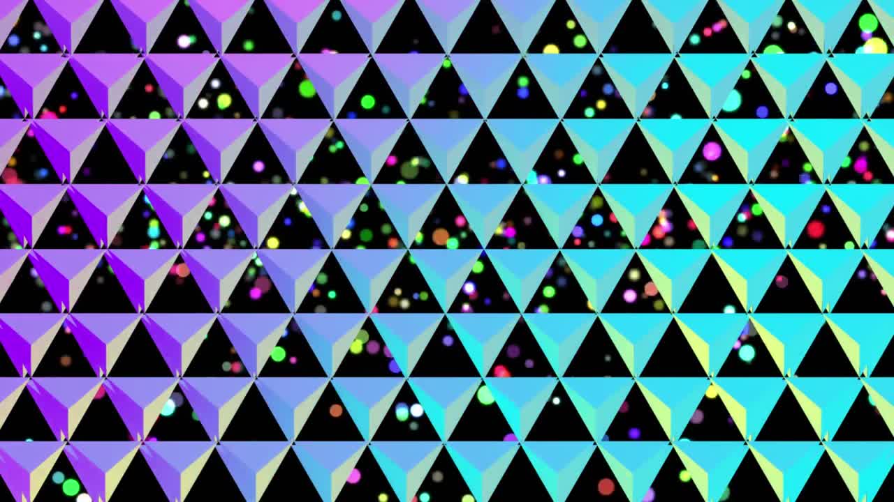 검은색에 다채로운 반사 삼각형의 격자 뒤에 상승하는 색상의 원