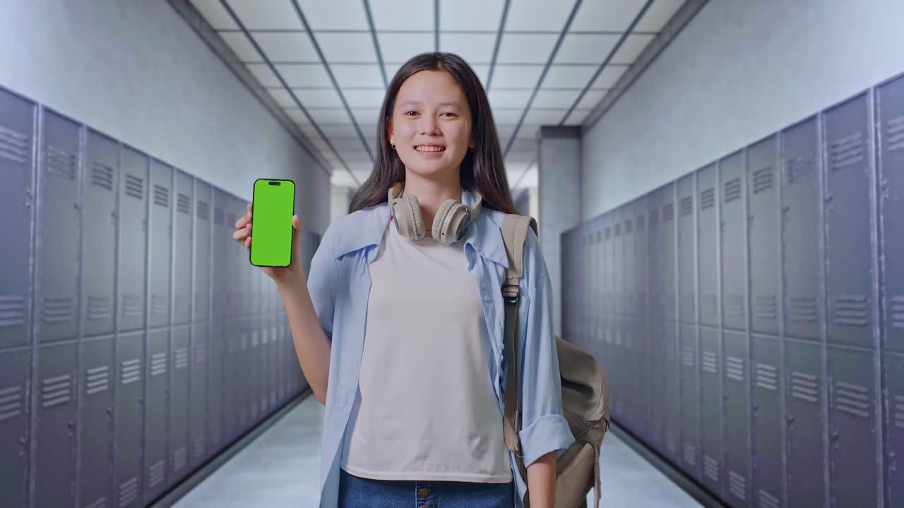 학생이 학교 복도에서 녹색 화면 전화를 보여주고 있습니다.