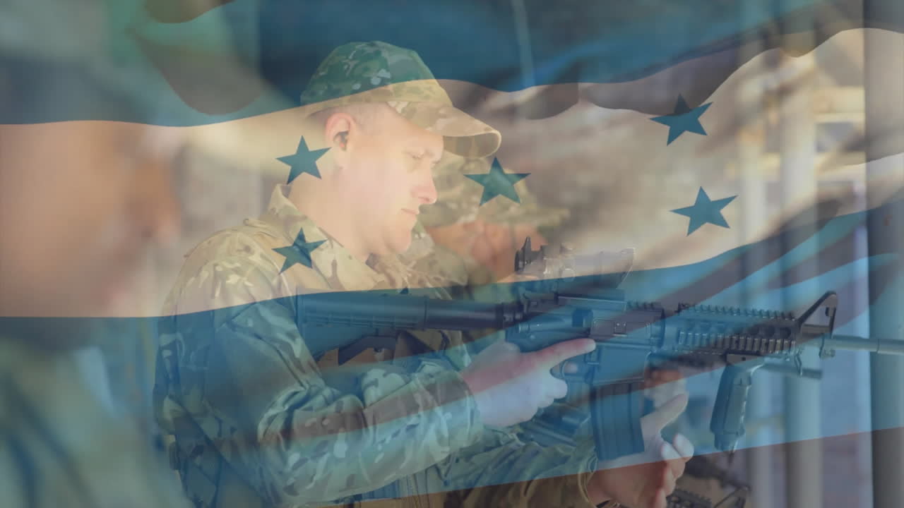 Animation of flag of honduras over diverse soldiers shooting