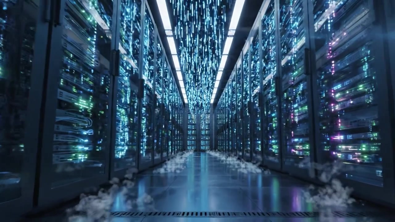 A Stunning Look Inside a Modern Data Center with Rows of High-Tech Servers and Glowing LED Lights, Showcasing the Future of Data Processing and Storage Technology