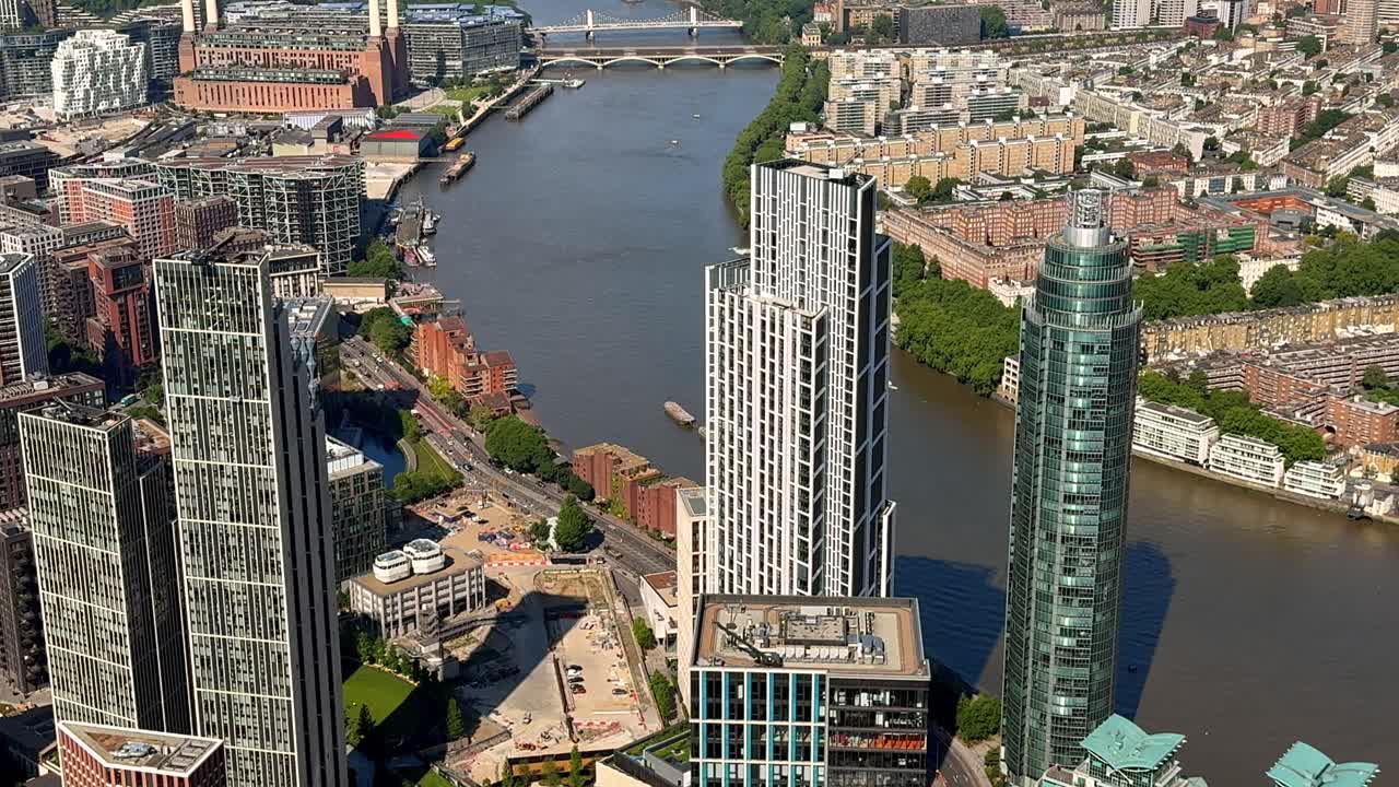 Aerial view of the Vauxhall and Nine Elms development, River Thames, US Embassy and Battersea Power Station, London UK.