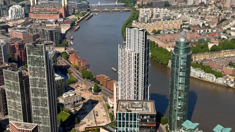 aerial view of the vauxhall and nine elms development, river thames, us embassy and battersea power station, london uk.