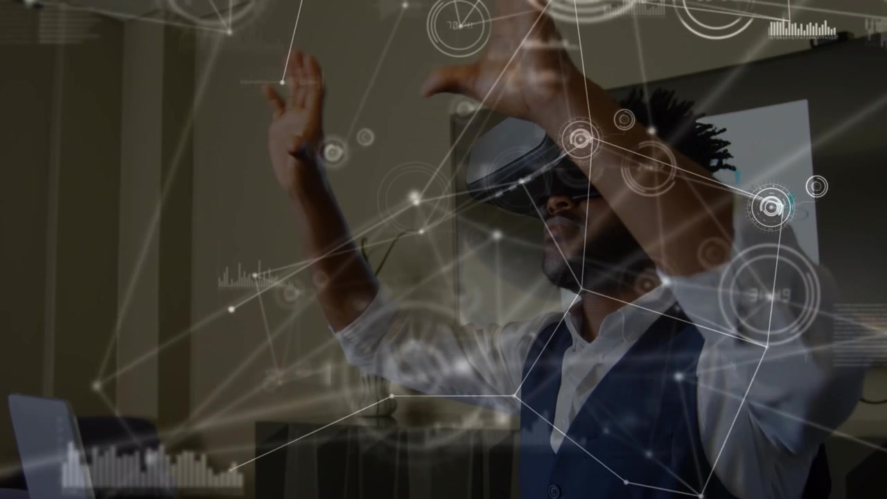 Animation of network of connections over caucasian boy wearing vr headset at animation