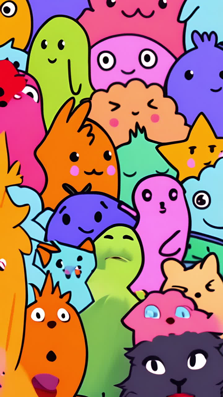 Creating playful scene, colorful cartoon characters with various expressions