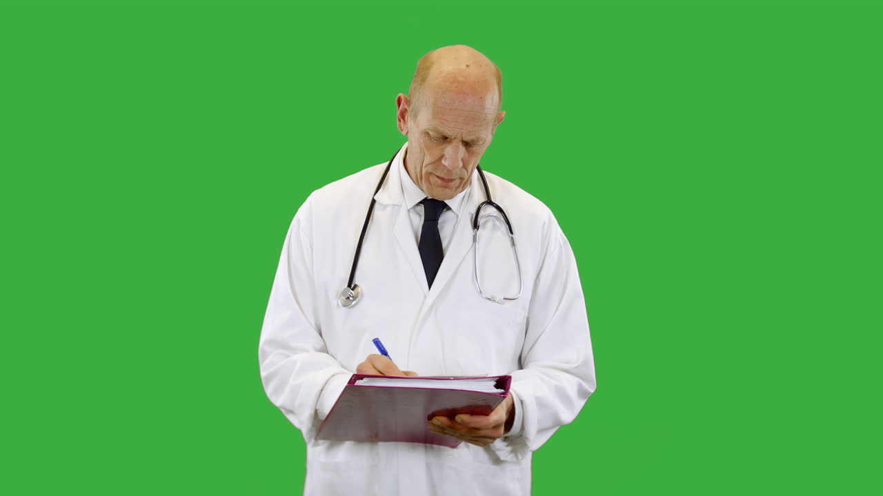 Front view of a doctor wearing a scientist white lab coat is listening and taking notes on a clip board