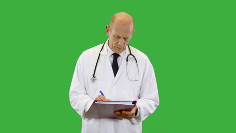 la vista frontal de un médico que lleva una bata de laboratorio blanca científica está escuchando y tomando notas en un portapapeles