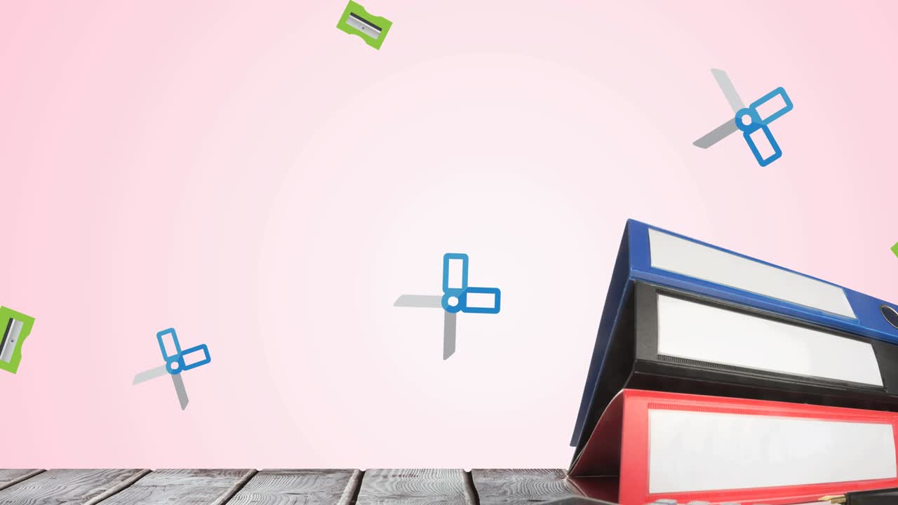 핑크색 배경에 나무 표면 위에 사무실 파일과 사무실 항목의 애니메이션