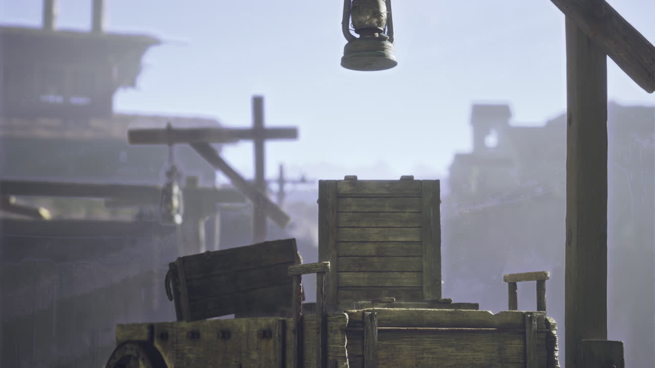 Wooden cart on quiet street with fog and rustic buildings in view