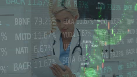animation of financial data processing over female doctor