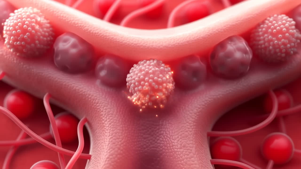 Células inmunes microscópicas patrullando la superficie capilar, leucocitos esféricos texturizados adhiriéndose al endotelio.
