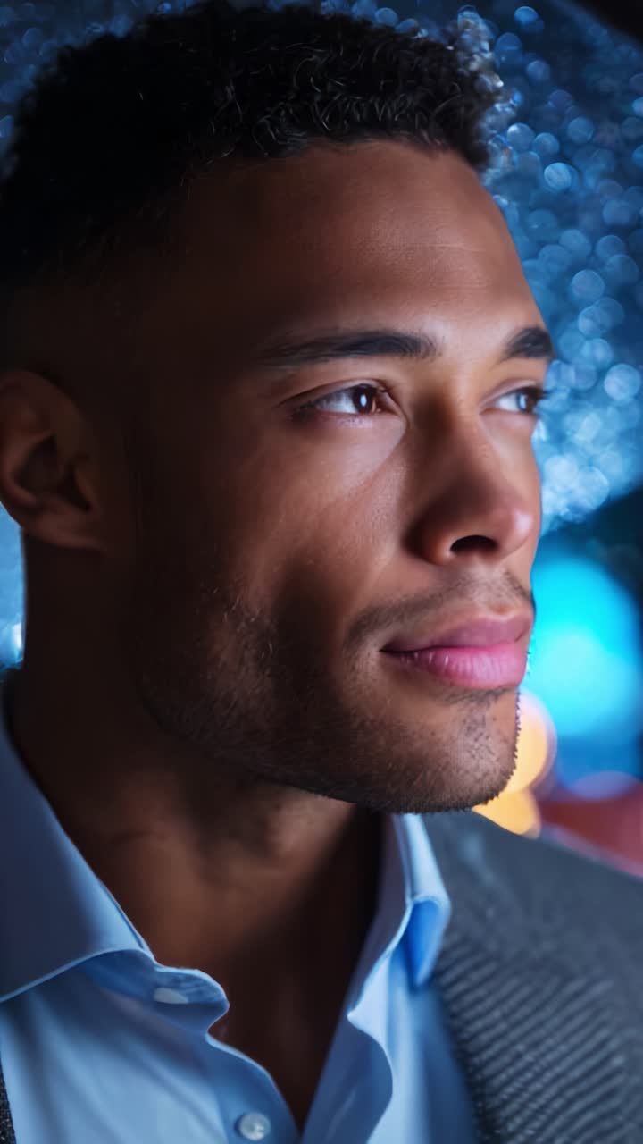 Thoughtful young man standing under an umbrella, gazing into the distance, with droplets of water reflecting light and creating a dreamy atmosphere