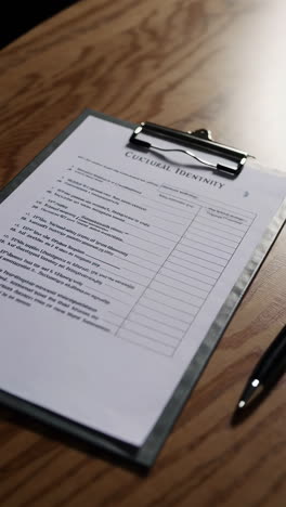 office desk with clipboard and pen