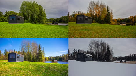 time lapse shot of sunrise and sunset in different seasons outdoors on field with wooden house