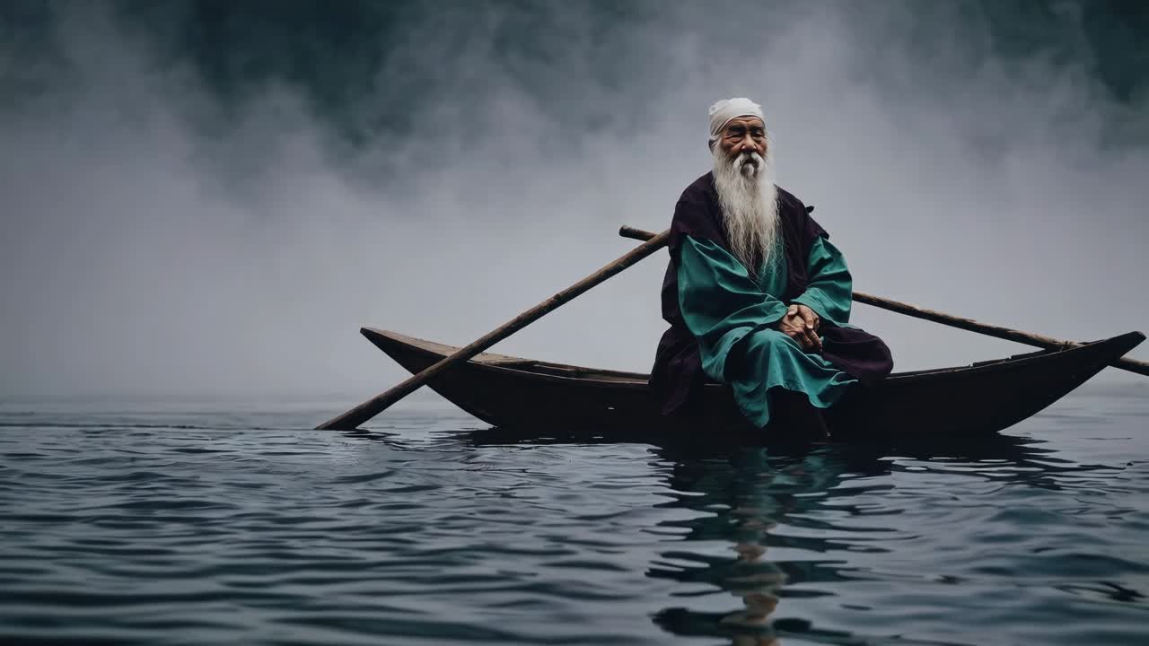 viejo pescador en un paisaje nebuloso