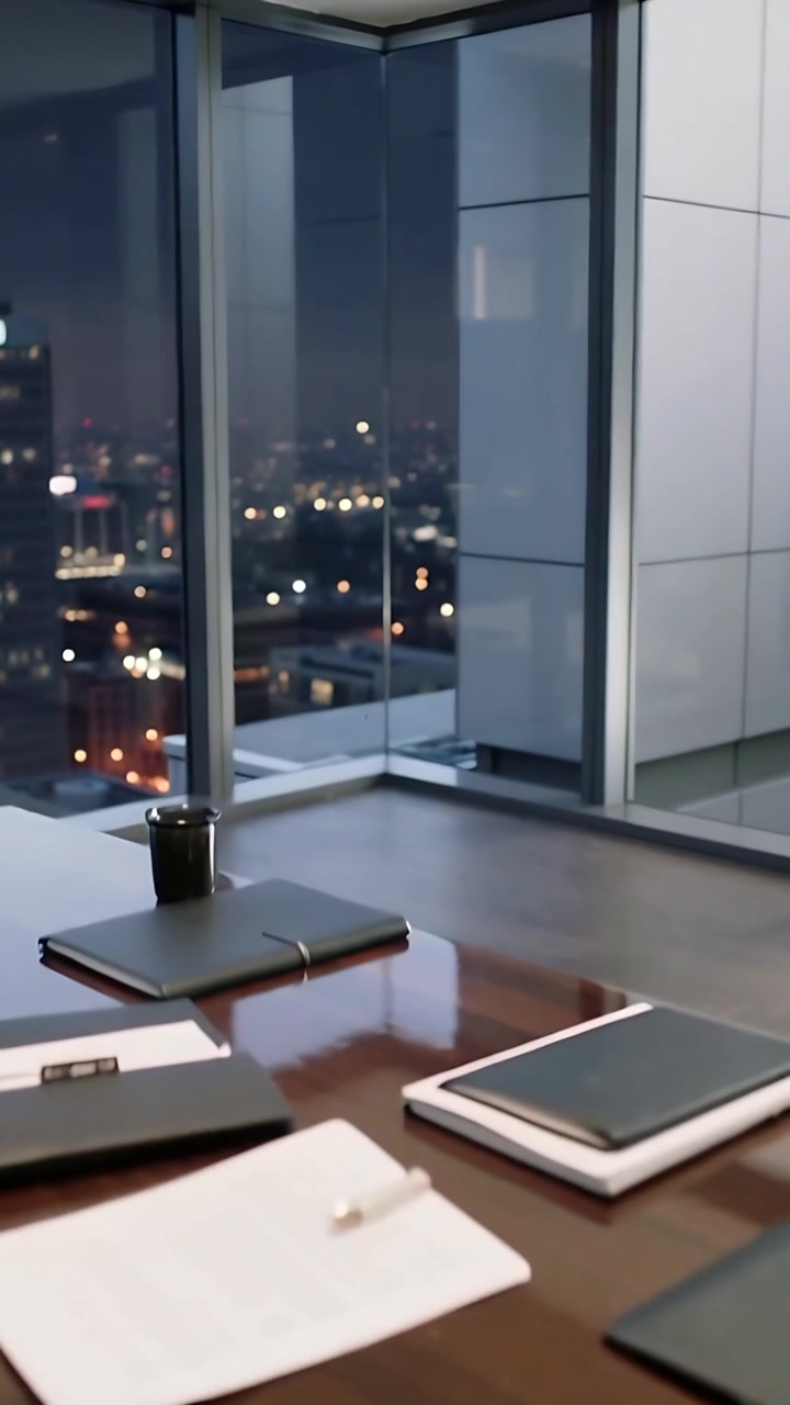 Video verticale: Uomo in giacca e cravatta che controlla l'orologio e lascia l'ufficio, rivelando una scrivania e lo skyline, con spazio per il testo