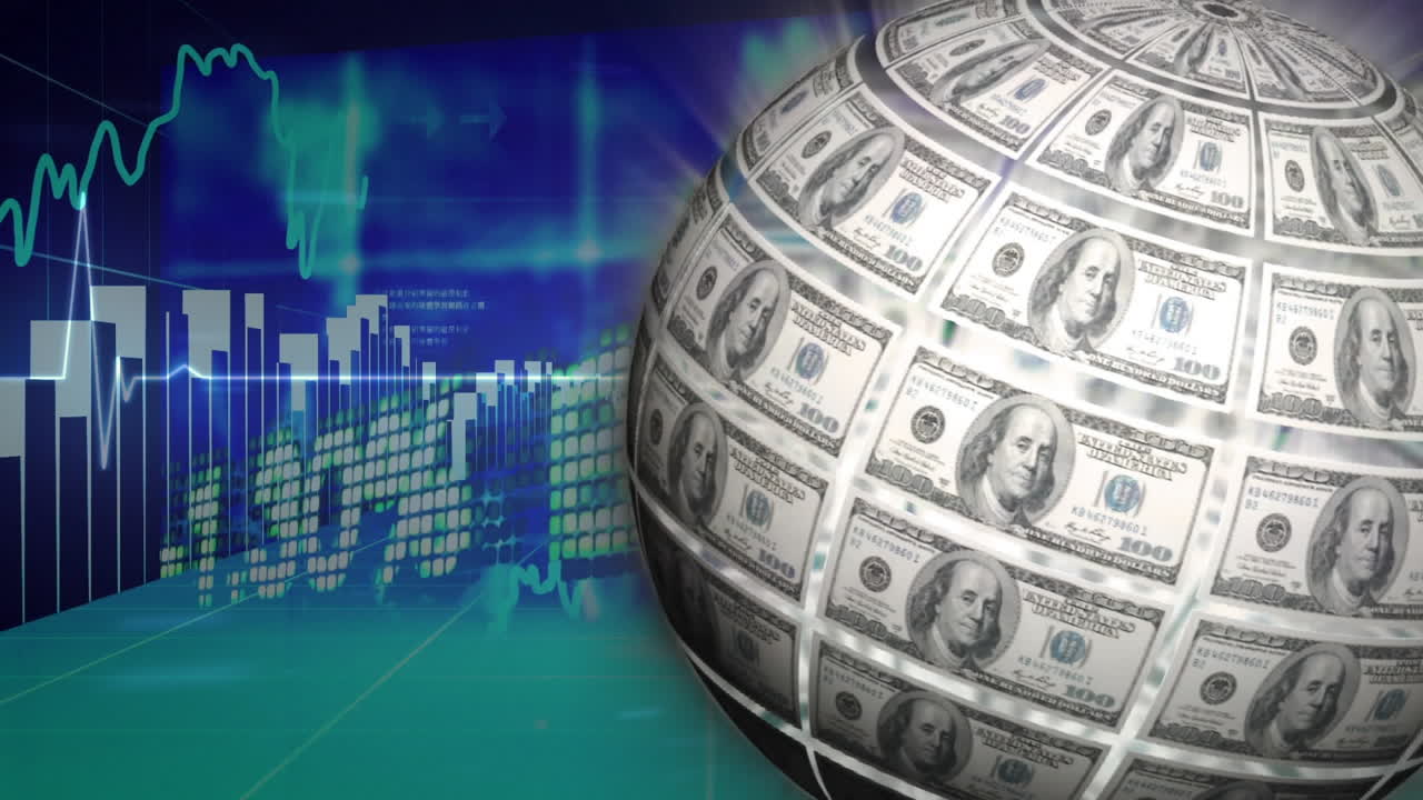 animación del globo formado con billetes de dólares estadounidenses sobre el procesamiento de datos financieros